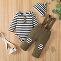 Baby 3pcs Ribbed Stripe Print Long-sleeve Romper and Waffle Overalls Set Dark Grey