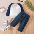 2pcs Baby Boy 100% Cotton Graphic Print Jeans and Raglan-sleeve Striped Tee Set Tibetanblue image 2