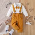 2pcs Baby Boy 95% Cotton Long-sleeve Bow Tie Decor Romper and Corduroy Overalls Set Yellow image 2