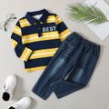 2pcs Toddler Boy Letter Print Stripe Long-sleeve Polo Shirt and Denim Jeans Set Yellow image 1