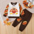 2pcs Toddler Boy Thanksgiving Animal Print Plaid Colorblock Sweatshirt and Pants Set Orangebrown image 2
