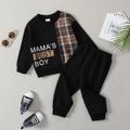2pcs Toddler Boy Letter Print Plaid Splice Sweatshirt and Black Pants Set Black