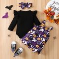 Halloween 3pcs Baby Girl 95% Cotton Long-sleeve Romper and Allover Print Overall Dress with Headband Set Purple
