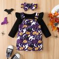 Halloween 3pcs Baby Girl 95% Cotton Long-sleeve Romper and Allover Print Overall Dress with Headband Set Purple