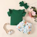 100% Cotton 3pcs Floral Print Short-sleeve Baby Set Green