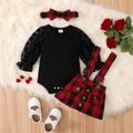 3pcs Baby Girl 95% Cotton Rib Knit Spliced Dots Mesh Long-sleeve Romper and Red Plaid Suspender Skirt with Headband Set Red image 2