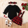 3pcs Baby Girl 95% Cotton Rib Knit Spliced Dots Mesh Long-sleeve Romper and Red Plaid Suspender Skirt with Headband Set Red image 3