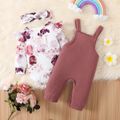 3pcs Baby Girl Allover Floral Print Ruffle Long-sleeve Romper and Rainbow Graphic Waffle Overalls with Headband Set Pink image 2