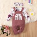3pcs Baby Girl Allover Floral Print Ruffle Long-sleeve Romper and Rainbow Graphic Waffle Overalls with Headband Set Pink image 3