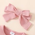 3pcs Baby Girl 95% Cotton Rib Knit Spliced Lace Long-sleeve Romper and Plaid Suspender Skirt with Headband Set Pink