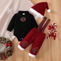 Christmas 3pcs Baby Boy 95% Cotton Long-sleeve Bow Tie Romper and Red Plaid Spliced Waffle Suspender Pants with Hat Set Black image 3