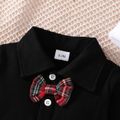 Christmas 3pcs Baby Boy 95% Cotton Long-sleeve Bow Tie Romper and Red Plaid Spliced Waffle Suspender Pants with Hat Set Black image 4
