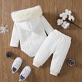 2pcs Baby Boy/Girl White Imitation Knitting Textured Spliced Faux Fur Hooded Long-sleeve Romper and Pants Set OffWhite image 2