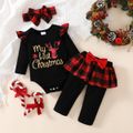 Christmas 3pcs Baby Girl 95% Cotton Ruffle Long-sleeve Graphic Black Romper and Plaid Spliced Pants with Headband Set Black image 1