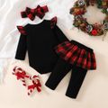 Christmas 3pcs Baby Girl 95% Cotton Ruffle Long-sleeve Graphic Black Romper and Plaid Spliced Pants with Headband Set Black image 2