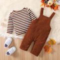 Thanksgiving Day 2pcs Baby Boy/Girl 95% Cotton Long-sleeve Striped T-shirt and Turkey Embroidered Corduroy Overalls Set Brown image 3