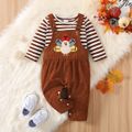 Thanksgiving Day 2pcs Baby Boy/Girl 95% Cotton Long-sleeve Striped T-shirt and Turkey Embroidered Corduroy Overalls Set Brown image 1