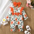 2pcs Baby Girl Allover Floral Print Lace & Bow Decor Long-sleeve Jumpsuit with Headband Set Orange image 3