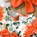2pcs Baby Girl Allover Floral Print Lace & Bow Decor Long-sleeve Jumpsuit with Headband Set Orange image 4