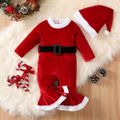 Christmas 2pcs Baby Girl Red Velvet Long-sleeve Bell Bottom snap Jumpsuit with Hat Set Red image 1