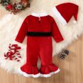 Christmas 2pcs Baby Girl Red Velvet Long-sleeve Bell Bottom snap Jumpsuit with Hat Set Red image 2