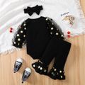 New Year 3pcs Baby Girl 95% Cotton Long-sleeve Letter Graphic Polka Dot Print Black Mesh Romper and Flared Pants with Headband Set Black image 2