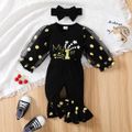 New Year 3pcs Baby Girl 95% Cotton Long-sleeve Letter Graphic Polka Dot Print Black Mesh Romper and Flared Pants with Headband Set Black image 3