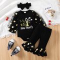 New Year 3pcs Baby Girl 95% Cotton Long-sleeve Letter Graphic Polka Dot Print Black Mesh Romper and Flared Pants with Headband Set Black image 1