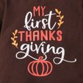 Thanksgiving Day 3pcs Baby Girl 95% Cotton Letter Print Bell-sleeve Top and Allover Pumpkin Print Flared Pants with Headband Set Brown image 5
