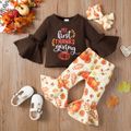 Thanksgiving Day 3pcs Baby Girl 95% Cotton Letter Print Bell-sleeve Top and Allover Pumpkin Print Flared Pants with Headband Set Brown image 3