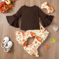 Thanksgiving Day 3pcs Baby Girl 95% Cotton Letter Print Bell-sleeve Top and Allover Pumpkin Print Flared Pants with Headband Set Brown image 2