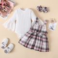 3pcs Baby Girl 95% Cotton Ribbed Flare-sleeve Romper and Bow Front Plaid Overall Dress with Headband Set Pink image 1