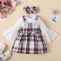 3pcs Baby Girl 95% Cotton Ribbed Flare-sleeve Romper and Bow Front Plaid Overall Dress with Headband Set Pink image 2