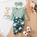 3pcs Baby Girl 95% Cotton Ribbed Ruffle Trim Long-sleeve Romper and Floral Print Pants with Headband Set Green image 3