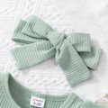 3pcs Baby Girl 95% Cotton Ribbed Ruffle Trim Long-sleeve Romper and Floral Print Pants with Headband Set Green image 4