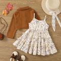 2pcs Toddler Girl Sweet Floral Print Cami Dress and Corduroy Jacket Set Brown image 3