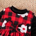 2pcs Baby Girl Solid Velvet Mock Neck Long-sleeve Top and Allover Floral Print Plaid Tank Dress Set redblack image 3