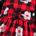 2pcs Baby Girl Solid Velvet Mock Neck Long-sleeve Top and Allover Floral Print Plaid Tank Dress Set redblack image 4