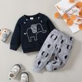 2pcs Baby Boy Elephant Graphic Long-sleeve Textured Top and Allover Print Pants Set Tibetanblue image 1