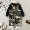 2pcs Toddler Boy Trendy Black Sweatshirt and Camouflage Print Corduroy Overalls Set Black image 3