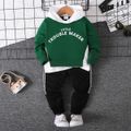 2pcs Toddler Boy Trendy Faux-two Letter Print Hoodie Sweatshirt and Elasticized Pants Set Green image 1