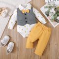 2pcs Baby Boy 100% Cotton Pants and Allover Star Print Long-sleeve Faux-two Waistcoat Romper Set YellowBrown image 3
