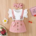 3pcs Baby Girl Lace Flutter-sleeve Ribbed Romper and Suspender Skirt with Headband Set Pink image 5