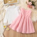 2pcs Toddler Girl Playful Mock Neck Tee and Bear Embroidered Fleece Overall Dress Set Pink image 3