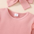 3pcs Toddler Girl Sweet Ruffled Ribbed Tee & Adjustable Plaid Suspender Skirt and Headband Set Pink image 4