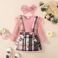 3pcs Toddler Girl Sweet Ruffled Ribbed Tee & Adjustable Plaid Suspender Skirt and Headband Set Pink image 1