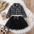 2pcs Baby Girl Black Tweed Long-sleeve Jacket and Bow Front Mesh Skirt Set BlackandWhite image 2