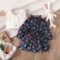 2pcs Baby Girl Allover Floral Print Frill Neck Long-sleeve Dress with Fuzzy Vest Set Dark Blue image 2