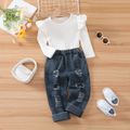 2pcs Toddler Girl Trendy Cotton Ripped Denim Jeans and Ruffled Ribbed Tee Set White image 1