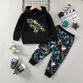2pcs Toddler Boy Playful Dinosaur Print Hoodie Sweatshirt and Pants Set Black image 3